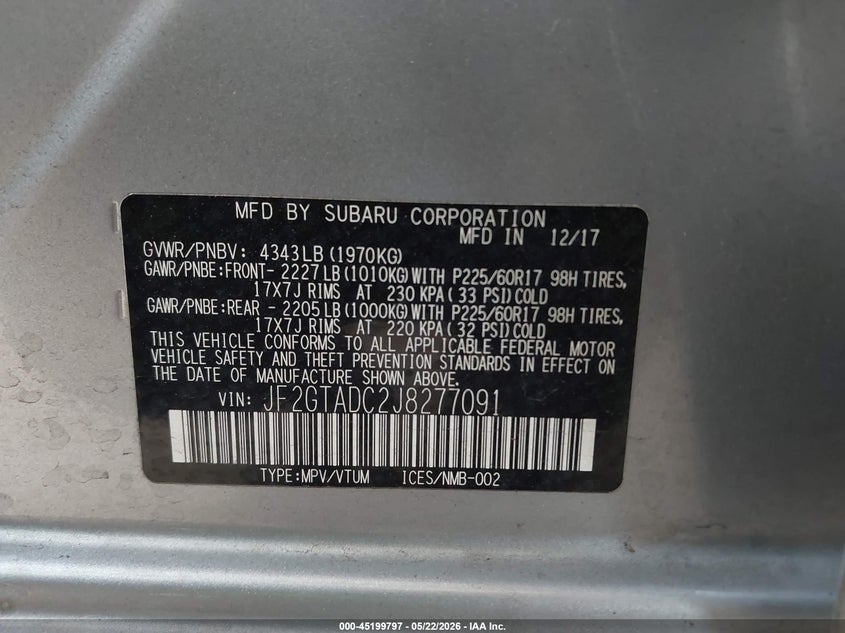 2018 Subaru VIN JF2GTADC2J8277091 IAAI salvage auction — FRONT END, Mv-907A (New York), sold $475 on 2026-07-27 (photo 9)