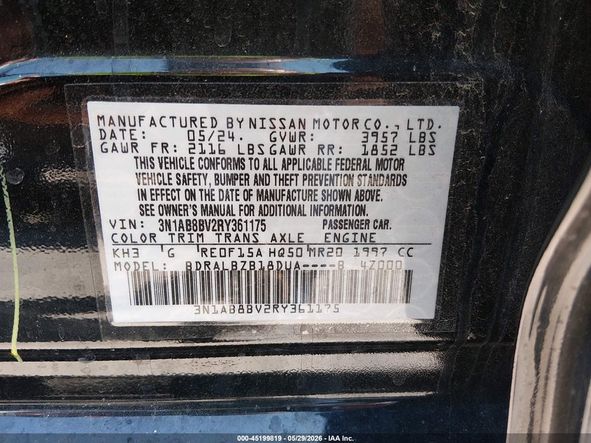 2024 Nissan Sentra VIN 3N1AB8BV2RY361175 IAAI salvage auction — HAIL, Salvage Title, sold $5,200 on 2026-07-19 (photo 9)