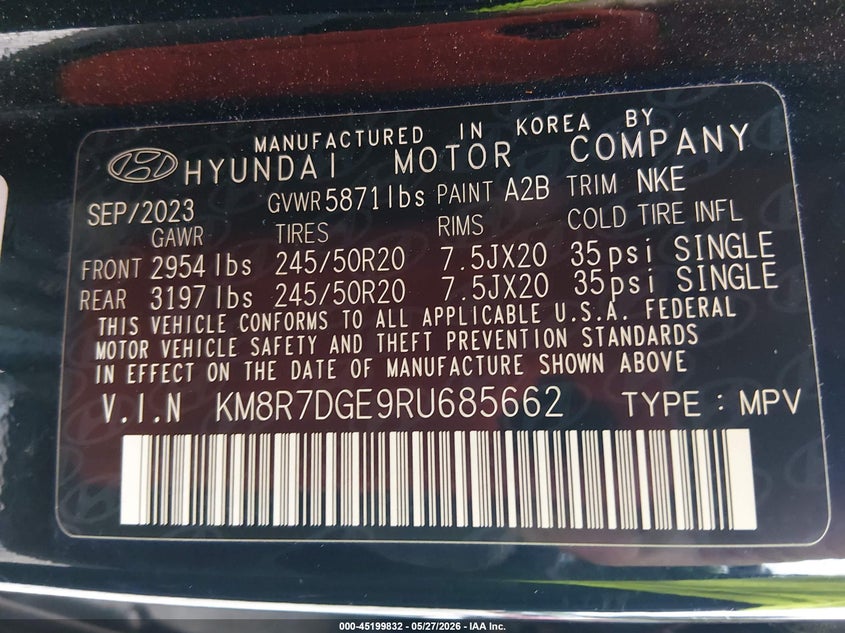 2024 Hyundai Palisade VIN KM8R7DGE9RU685662 IAAI salvage auction — LEFT SIDE, Salvage (Alabama), sold $5,300 on 2026-07-29 (photo 9)