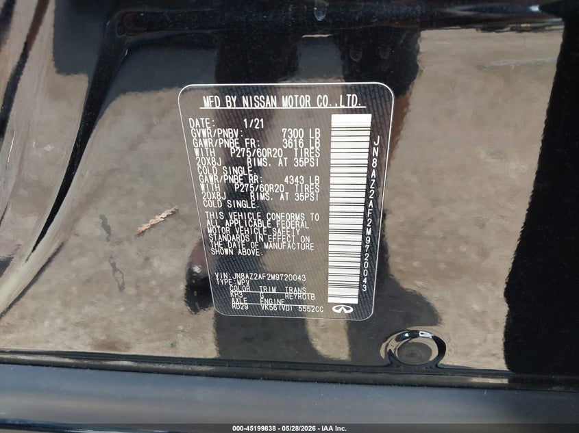 2021 Infiniti Qx80 VIN JN8AZ2AF2M9720043 IAAI salvage auction — RIGHT SIDE, Salvage Title, sold $4,650 on 2026-07-28 (photo 9)