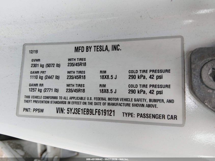 2020 Tesla Model 3 VIN 5YJ3E1EB9LF619121 IAAI salvage auction — REAR END, Clear (Tennessee), sold $7,300 on 2026-07-30 (photo 9)