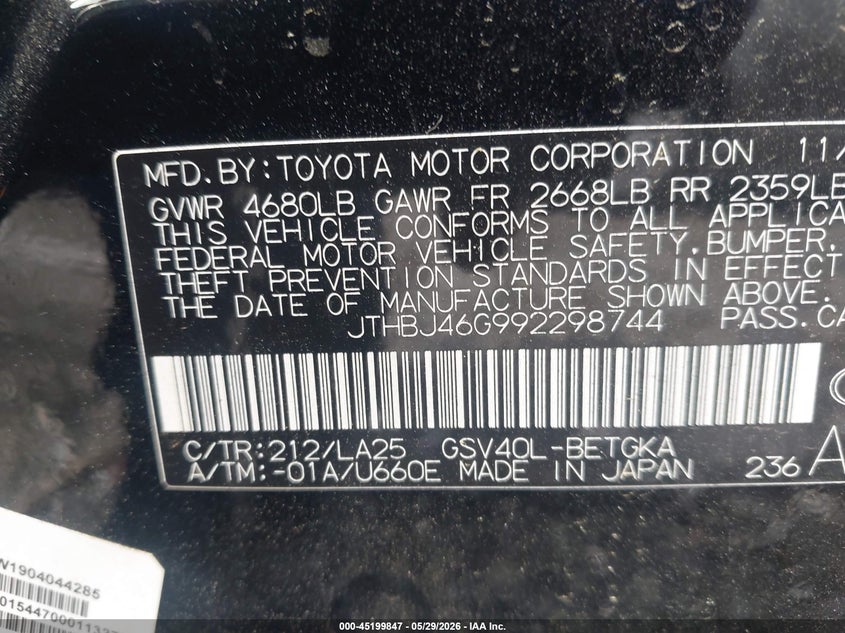 2009 Lexus Es 350 VIN JTHBJ46G992298744 IAAI salvage auction — LEFT SIDE, Salvage (Georgia), sold $725 on 2026-07-08 (photo 9)