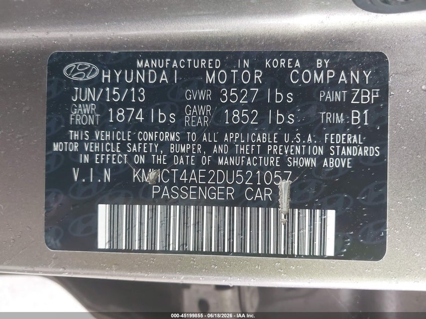 2013 Hyundai Accent VIN KMHCT4AE2DU521057 IAAI salvage auction — RIGHT FRONT, Clear (Mississippi), sold $475 on 2026-07-09 (photo 9)
