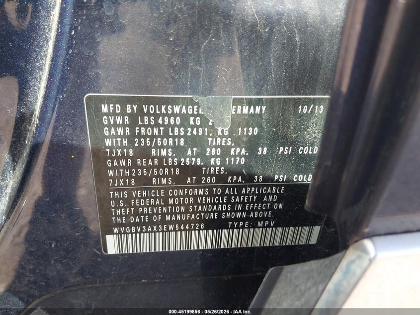 2014 Volkswagen Tiguan VIN WVGBV3AX3EW544726 IAAI salvage auction — LEFT FRONT, Salvage Title, sold $400 on 2026-07-21 (photo 9)
