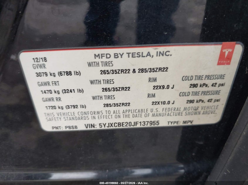 2018 Tesla Model x VIN 5YJXCBE20JF137955 IAAI salvage auction — RIGHT FRONT, Salvage Title, sold $9,200 on 2026-07-30 (photo 9)