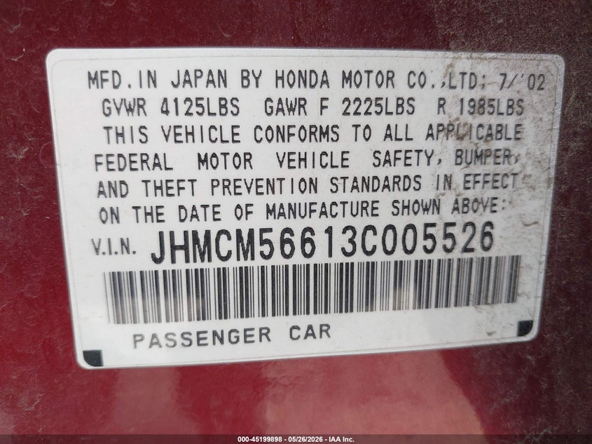 2003 Honda Accord VIN JHMCM56613C005526 IAAI salvage auction — FRONT END, Clear (Oklahoma), sold $1,000 on 2026-07-09 (photo 9)