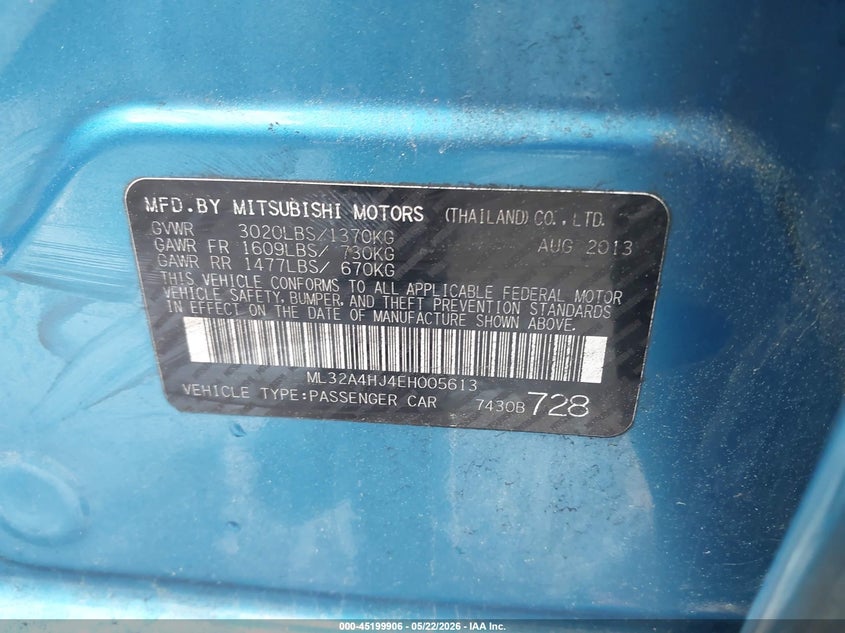 2014 Mitsubishi Mirage VIN ML32A4HJ4EH005613 IAAI salvage auction — FRONT & REAR, Salvage - Greater Than 75% (Maryland), sold $400 on 2026-07-16 (photo 9)