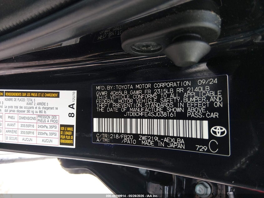 2025 Toyota Corolla VIN JTDBCMFE4SJ038161 IAAI salvage auction — RIGHT FRONT, Salvage (Missouri), sold $5,900 on 2026-08-01 (photo 9)
