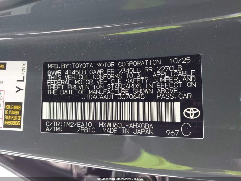 2026 Toyota Prius VIN JTDACAAU1T3070645 IAAI salvage auction — SIDE, Certificate Of Destruction (Florida), sold $6,950 on 2026-07-29 (photo 9)