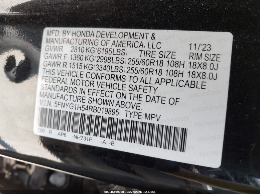 2024 Honda Pilot VIN 5FNYG1H54RB019895 IAAI salvage auction — FRONT END, Salvage Title, sold $9,000 on 2026-07-24 (photo 9)