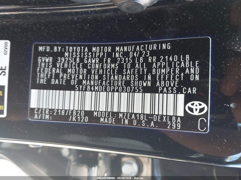 2023 Toyota Corolla VIN 5YFB4MDE0PP030755 IAAI salvage auction — REAR END, Salvage (Rhode Island), sold $1,250 on 2026-07-28 (photo 9)