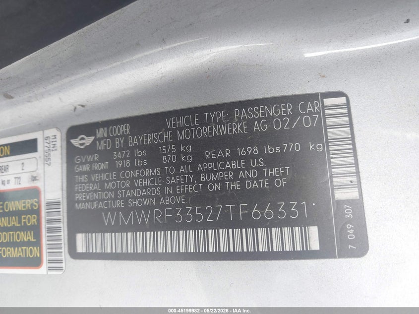 2007 Mini Cooper VIN WMWRF33527TF66331 IAAI salvage auction — NORMAL WEAR, Salvage (California), sold $200 on 2026-08-13 (photo 9)