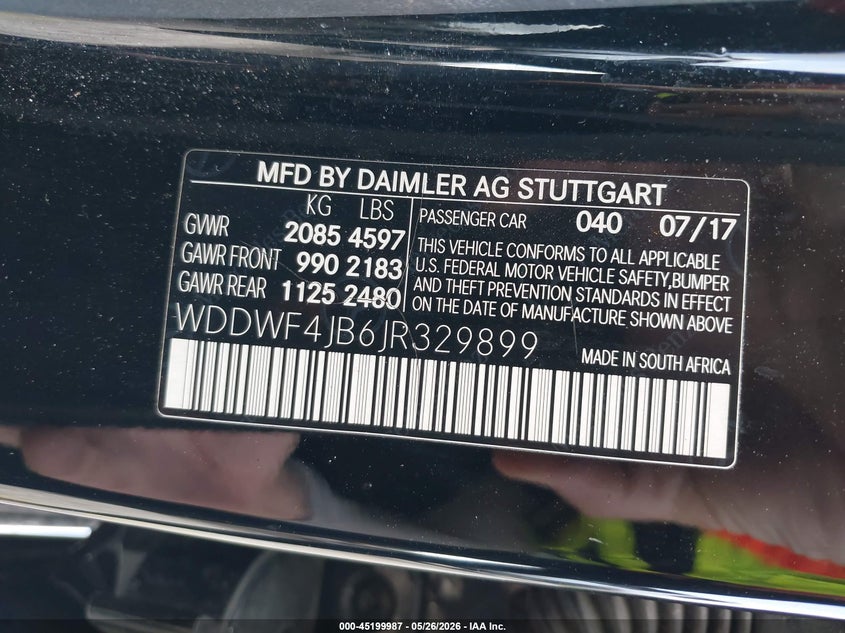 2018 Mercedes-benz C-klasse VIN WDDWF4JB6JR329899 IAAI salvage auction — REAR END, Rebuildable (Florida), sold $6,200 on 2026-07-29 (photo 9)
