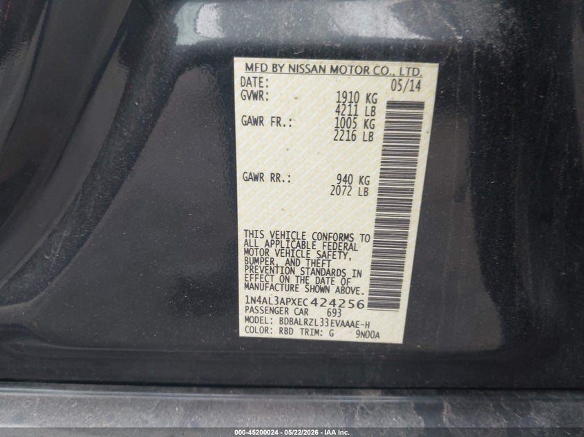 2014 Nissan Altima VIN 1N4AL3APXEC424256 IAAI salvage auction — NORMAL WEAR, Reconstructed (Massachusetts), sold $450 on 2026-07-11 (photo 9)