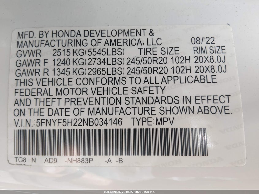 2022 Honda Pilot VIN 5FNYF5H22NB034146 IAAI salvage auction — FRONT END, Salvage Title, sold $3,500 on 2026-07-18 (photo 9)