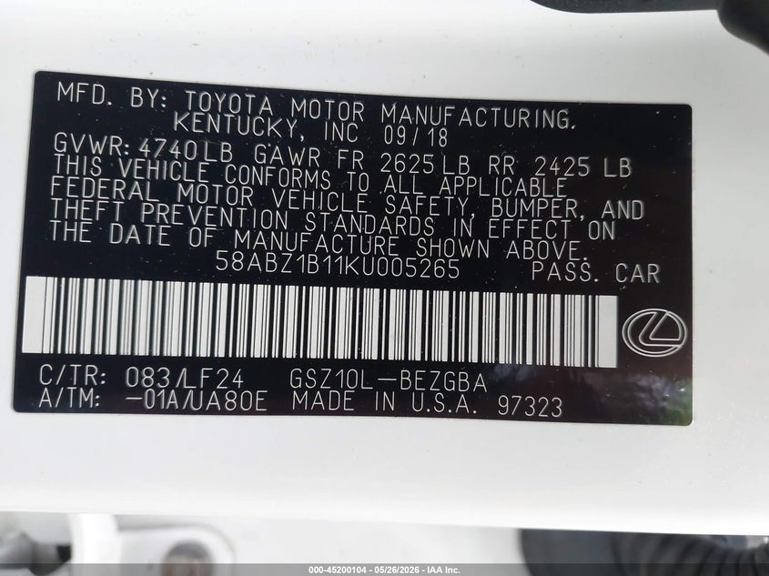 2019 Lexus ES VIN 58ABZ1B11KU005265 IAAI salvage auction — REAR END, Wait Title, sold $15,550 on 2026-10-15 (photo 9)