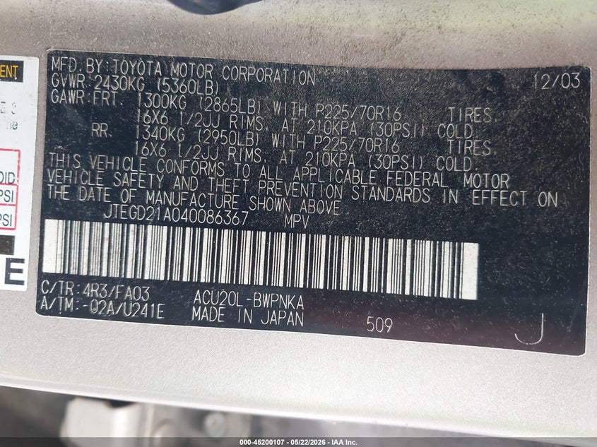 2004 Toyota Highlander VIN JTEGD21A040086367 IAAI salvage auction — NORMAL WEAR, Clear-Dealer Only (North Carolina), sold $975 on 2026-07-14 (photo 9)