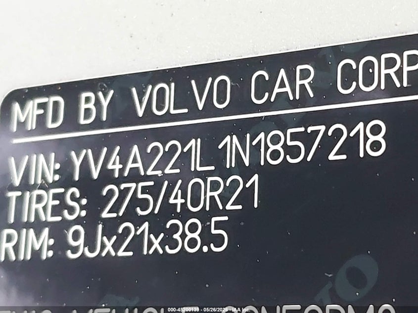 2022 Volvo Xc90 VIN YV4A221L1N1857218 IAAI salvage auction — FRONT END, Salvage (West Virginia), sold $12,200 on 2026-08-04 (photo 9)