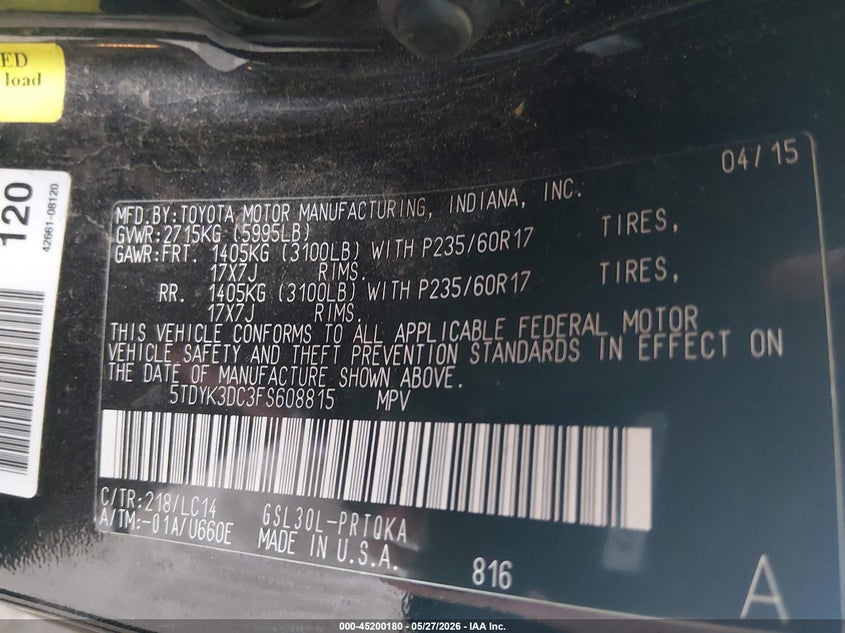 2015 Toyota Sienna VIN 5TDYK3DC3FS608815 IAAI salvage auction — FRONT END, Salvage Title, sold $3,300 on 2026-07-14 (photo 9)
