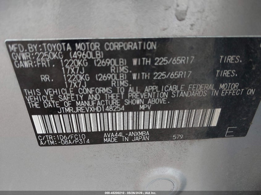 2017 Toyota Rav 4 VIN JTMRJREVXHD148254 IAAI salvage auction — RIGHT FRONT, Salvage (Minnesota), sold $4,800 on 2026-07-22 (photo 9)