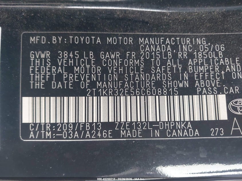 2006 Toyota Matrix VIN 2T1KR32E56C608815 IAAI salvage auction — NORMAL WEAR, Clear - Dealer Only (California), sold $825 on 2026-07-09 (photo 9)