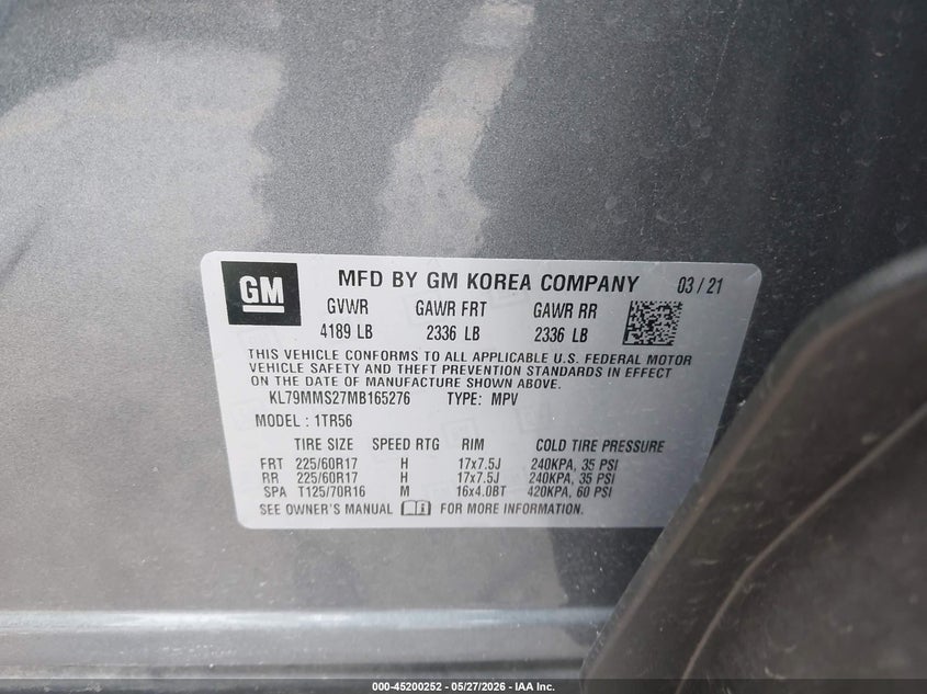 2021 Chevrolet Trailblazer VIN KL79MMS27MB165276 IAAI salvage auction — REAR END, Salvage Title, sold $4,850 on 2026-07-09 (photo 9)