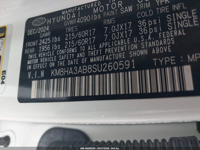 2025 Hyundai Kona VIN KM8HA3AB8SU260591 IAAI salvage auction — FRONT END, Salvage Title, sold $7,425 on 2026-07-08 (photo 9)