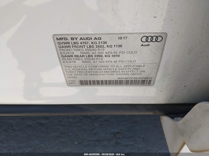 2018 Audi Q3 VIN WA1BCCFS8JR016643 IAAI salvage auction — LEFT FRONT, Original (Texas), sold $3,500 on 2026-07-21 (photo 9)