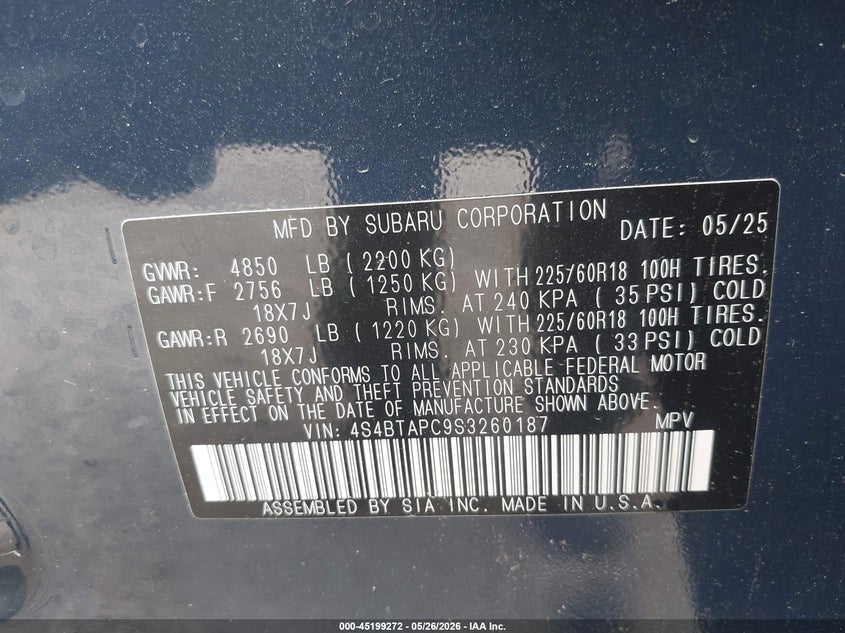 2025 Subaru Outback VIN 4S4BTAPC9S3260187 IAAI salvage auction — LEFT SIDE, Salvage (Georgia), sold $6,600 on 2026-07-31 (photo 9)