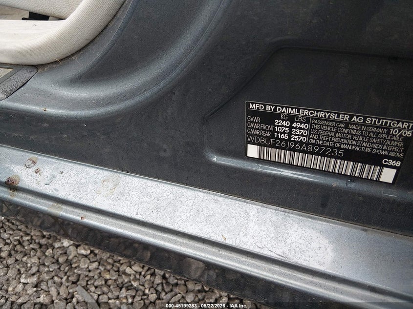 2006 Mercedes-benz E-klasse VIN WDBUF26J96A897235 IAAI salvage auction — FRONT & REAR, Salvage (South Carolina), sold $150 on 2026-07-28 (photo 9)