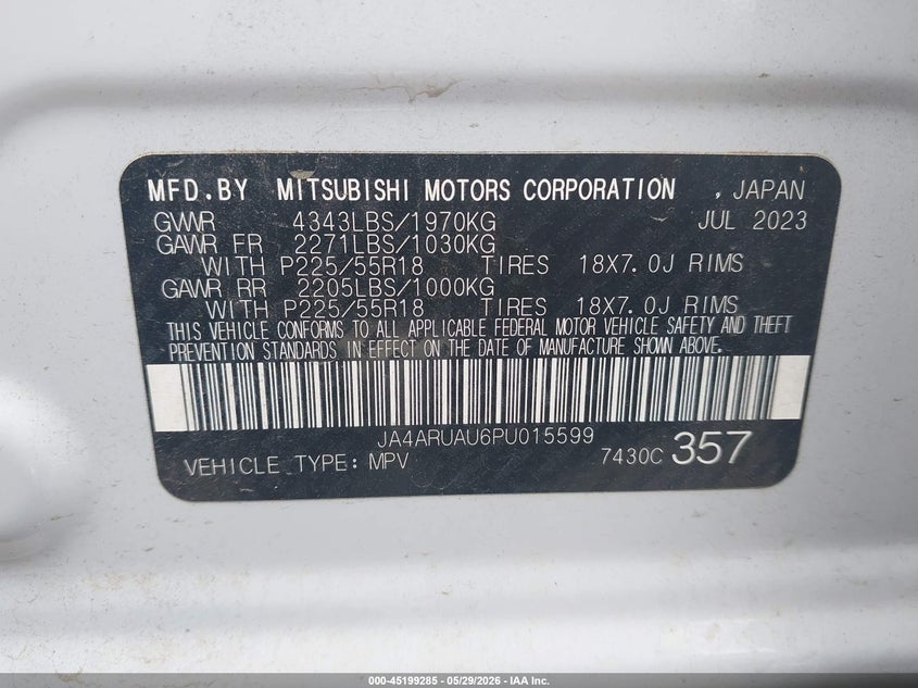 2023 Mitsubishi Outlander VIN JA4ARUAU6PU015599 IAAI salvage auction — FRONT END, Salvage (Mississippi), sold $2,350 on 2026-07-30 (photo 9)