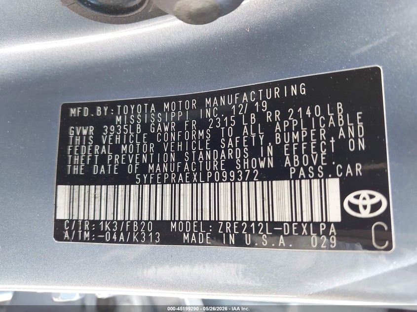 2020 Toyota Corolla VIN 5YFEPRAEXLP099372 IAAI salvage auction — FRONT END, Certificate Of Destruction (Florida), sold $1,750 on 2026-07-20 (photo 9)
