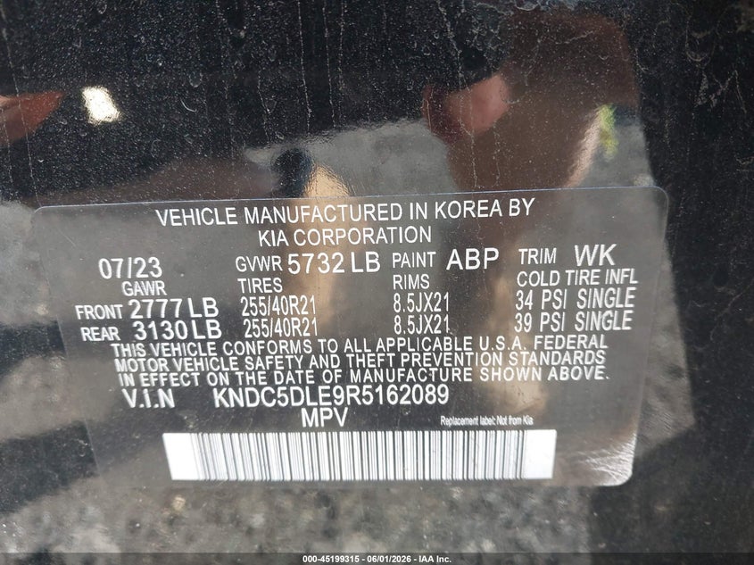 2024 Kia Ev6 VIN KNDC5DLE9R5162089 IAAI salvage auction — FRONT END, Salvage Title, sold $8,925 on 2026-07-23 (photo 9)