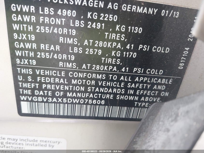 2013 Volkswagen Tiguan VIN WVGBV3AX5DW075606 IAAI salvage auction — RIGHT FRONT, Salvage (Virginia), sold $1,100 on 2026-07-06 (photo 9)