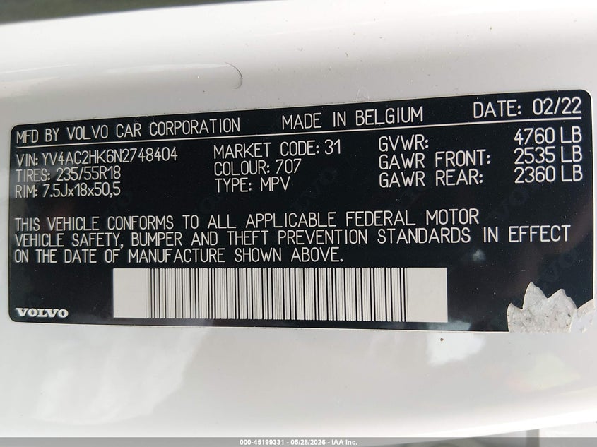 2022 Volvo Xc40 VIN YV4AC2HK6N2748404 IAAI salvage auction — FRONT END, Salvage Title, sold $7,300 on 2026-07-15 (photo 9)