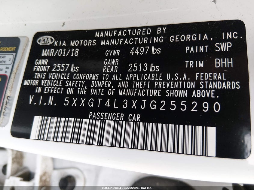 2018 Kia Optima VIN 5XXGT4L3XJG255290 IAAI salvage auction — REAR END, Salvage (South Carolina), sold $1,200 on 2026-07-19 (photo 9)
