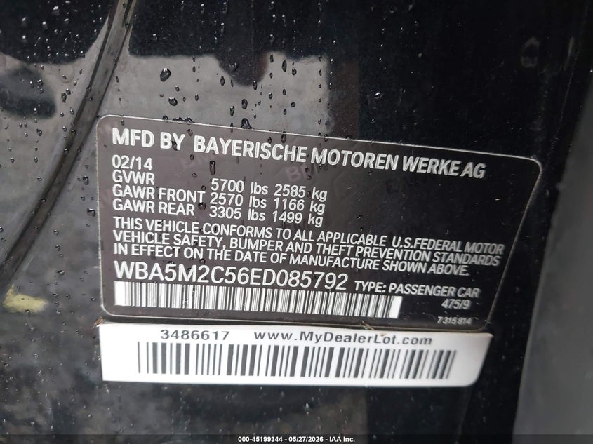 2014 BMW 5er VIN WBA5M2C56ED085792 IAAI salvage auction — LEFT FRONT, Salvage Title, sold $1,950 on 2026-07-09 (photo 9)
