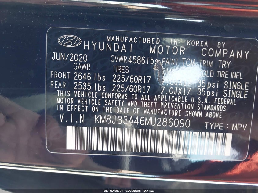 2021 Hyundai Tucson VIN KM8J33A46MU286090 IAAI salvage auction — SIDE, Rebuildable (Florida), sold $4,550 on 2026-07-28 (photo 9)