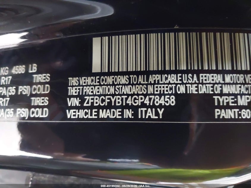 2016 Fiat 500x VIN ZFBCFYBT4GP478458 IAAI salvage auction — FRONT END, Salvage Title, sold $675 on 2026-07-13 (photo 9)