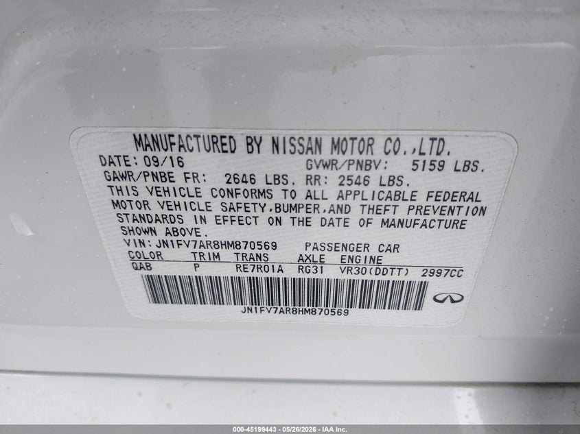 2017 Infiniti Q50 VIN JN1FV7AR8HM870569 IAAI salvage auction — THEFT, Salvage (Idaho), sold $2,800 on 2026-07-29 (photo 9)