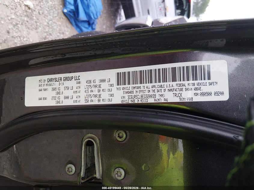 2014 Ram 2500 VIN 3C6UR5CL8EG320039 IAAI salvage auction — HAIL, Salvage Title, sold $6,150 on 2026-08-17 (photo 9)