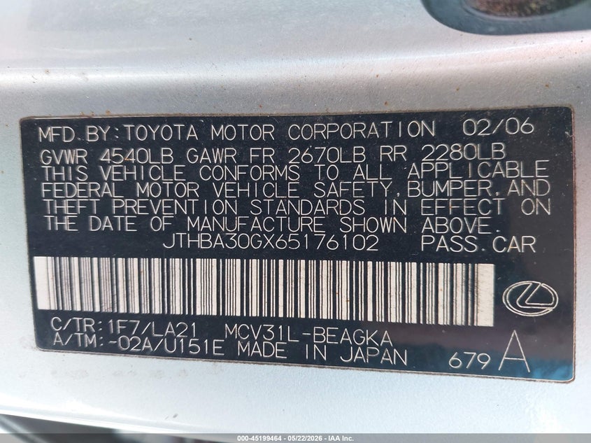 2006 Lexus ES VIN JTHBA30GX65176102 IAAI salvage auction — NORMAL WEAR, Clear (Missouri), sold $450 on 2026-07-30 (photo 9)