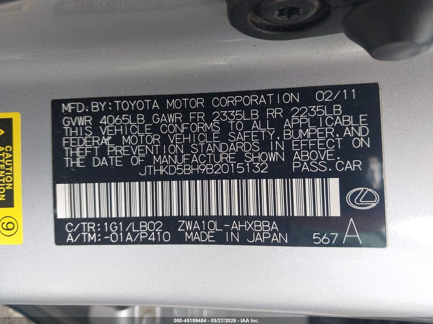 2011 Lexus Ct 200h VIN JTHKD5BH9B2015132 IAAI salvage auction — FRONT END, Salvage (Idaho), sold $1,750 on 2026-07-24 (photo 9)
