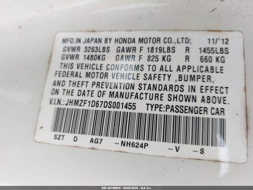 2013 Honda Cr-z VIN JHMZF1D67DS001455 IAAI salvage auction — FRONT END, Rebuildable (Florida), sold $325 on 2026-07-29 (photo 9)