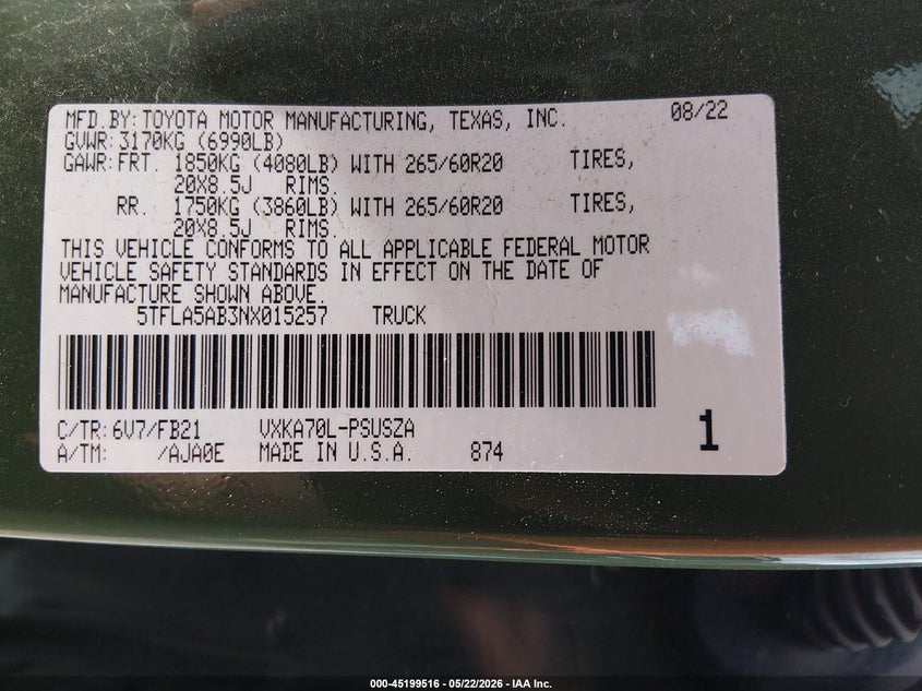 2022 Toyota Tundra VIN 5TFLA5AB3NX015257 IAAI salvage auction — FRONT END, Salvage (Georgia), sold $16,350 on 2026-07-17 (photo 9)