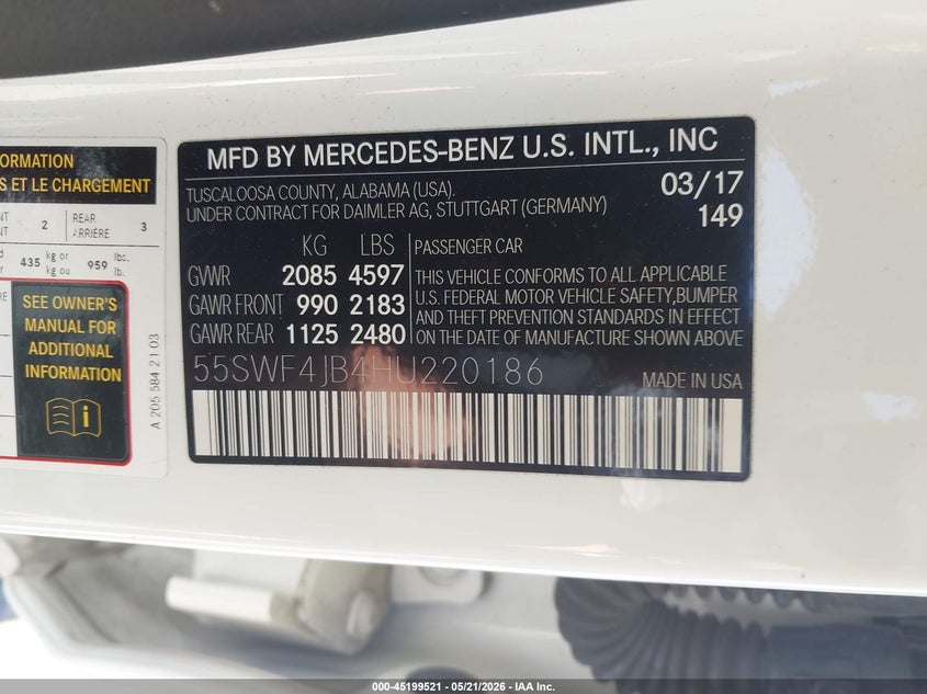 2017 Mercedes-benz C-klasse VIN 55SWF4JB4HU220186 IAAI salvage auction — SIDE, Salvage (California), sold $5,000 on 2026-07-09 (photo 9)