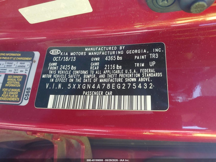 2014 Kia Optima VIN 5XXGN4A78EG275432 IAAI salvage auction — FRONT END, Salvage (Massachusetts), sold $450 on 2026-07-24 (photo 9)