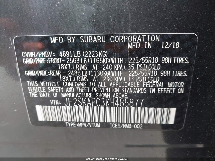 2019 Subaru Forester VIN JF2SKAPC3KH485877 IAAI salvage auction — REAR END, Salvage Title, sold $4,000 on 2026-07-12 (photo 9)
