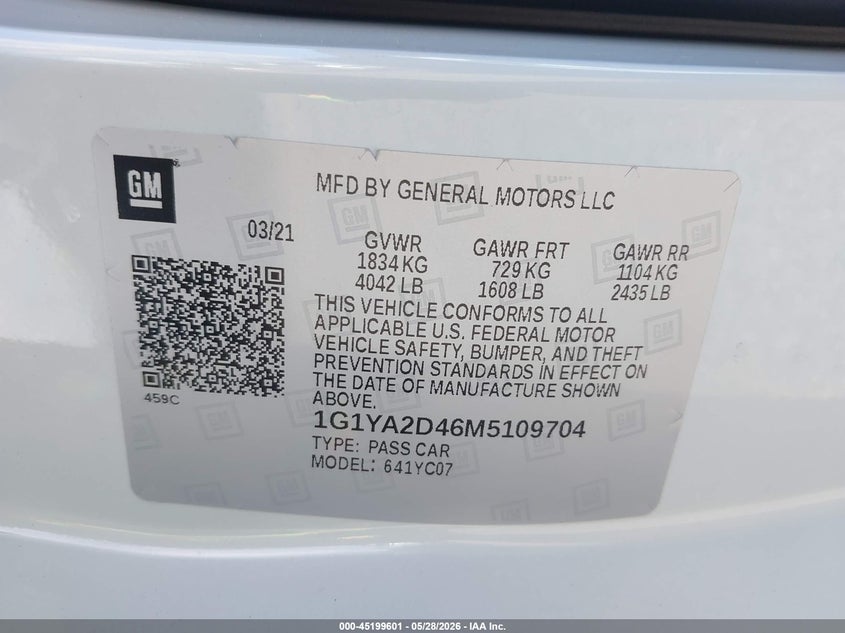 2021 Chevrolet Corvette VIN 1G1YA2D46M5109704 IAAI salvage auction — FRONT & REAR, Salvage Title, sold $41,250 on 2026-07-21 (photo 9)