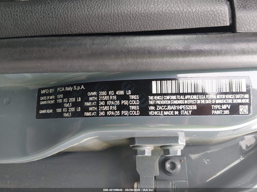 2017 Jeep Renegade VIN ZACCJBAB1HPE52938 IAAI salvage auction — REAR END, Salvage - Greater Than 75% (Maryland), sold $1,350 on 2026-07-27 (photo 9)